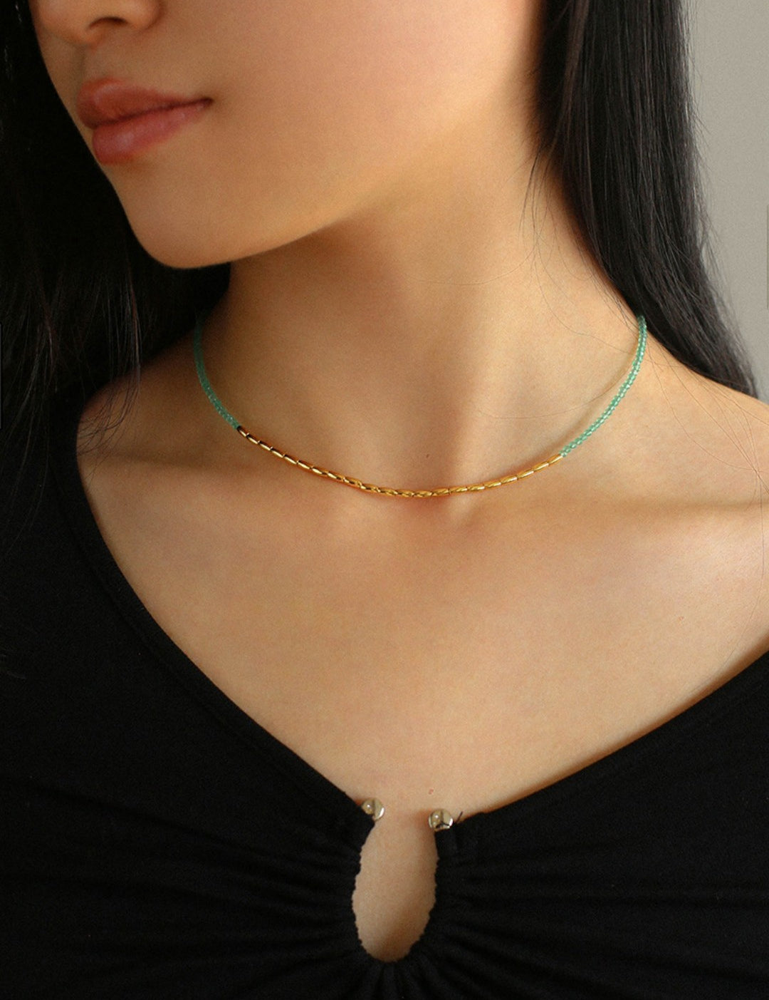Mini Golden Rice Green Agate Beaded Choker Necklace gembea jewelry
