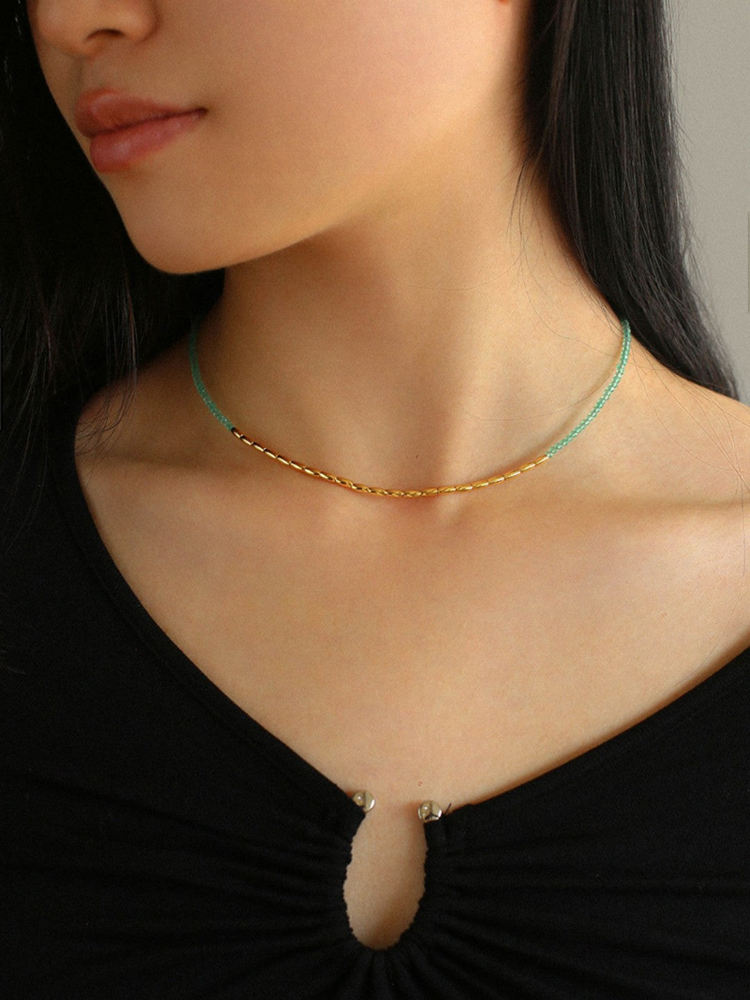 Mini Golden Rice Green Agate Beaded Choker Necklace gembea jewelry