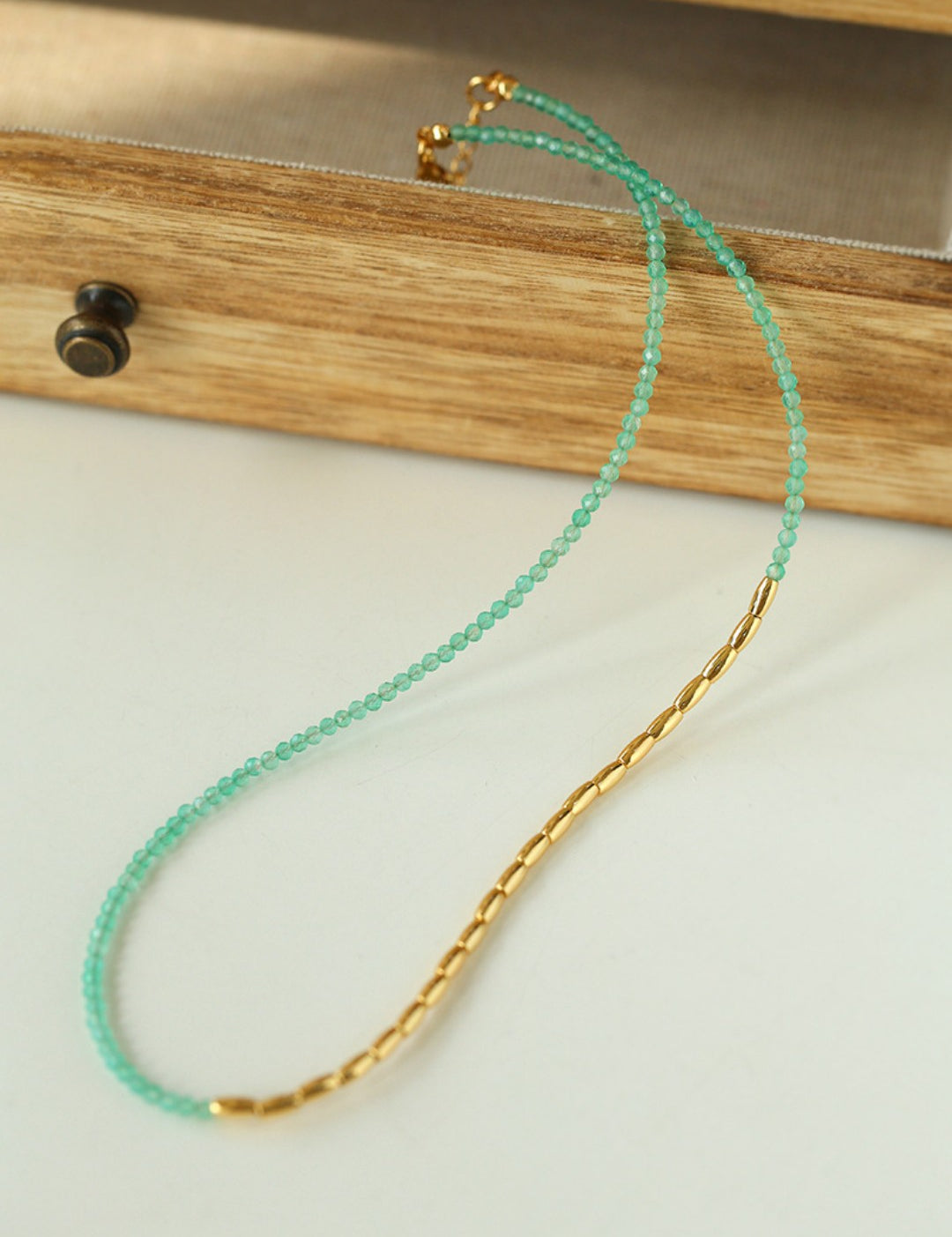 Mini Golden Rice Green Agate Beaded Choker Necklace gembea jewelry