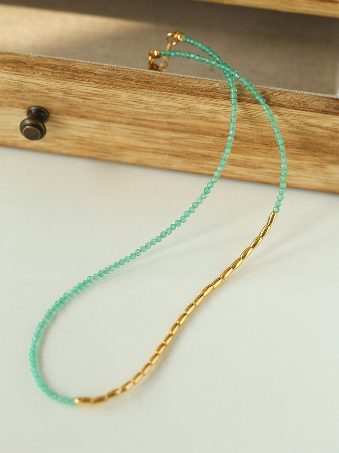 Mini Golden Rice Green Agate Beaded Choker Necklace gembea jewelry