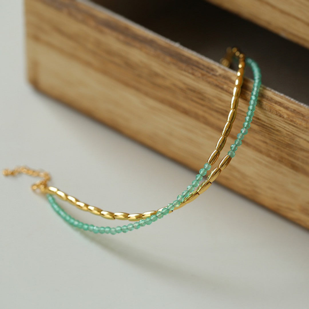 Mini Golden Rice Green Agate Double Beaded Bracelet gembea jewelry