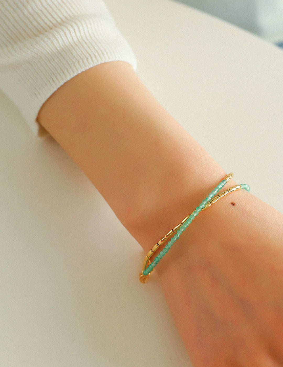 Mini Golden Rice Green Agate Double Beaded Bracelet gembea jewelry