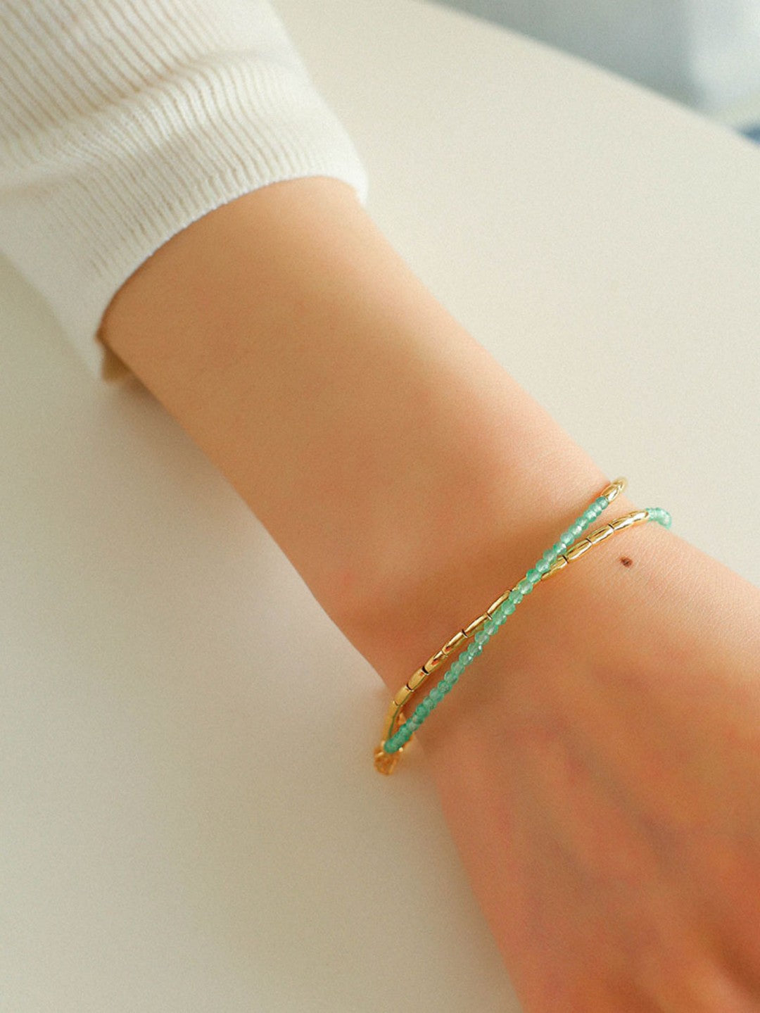 Mini Golden Rice Green Agate Double Beaded Bracelet gembea jewelry