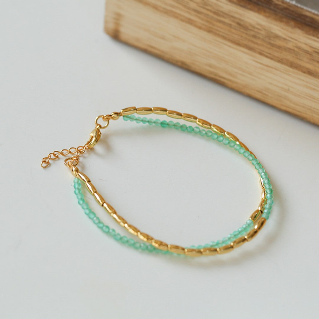 Mini Golden Rice Green Agate Double Beaded Bracelet gembea jewelry
