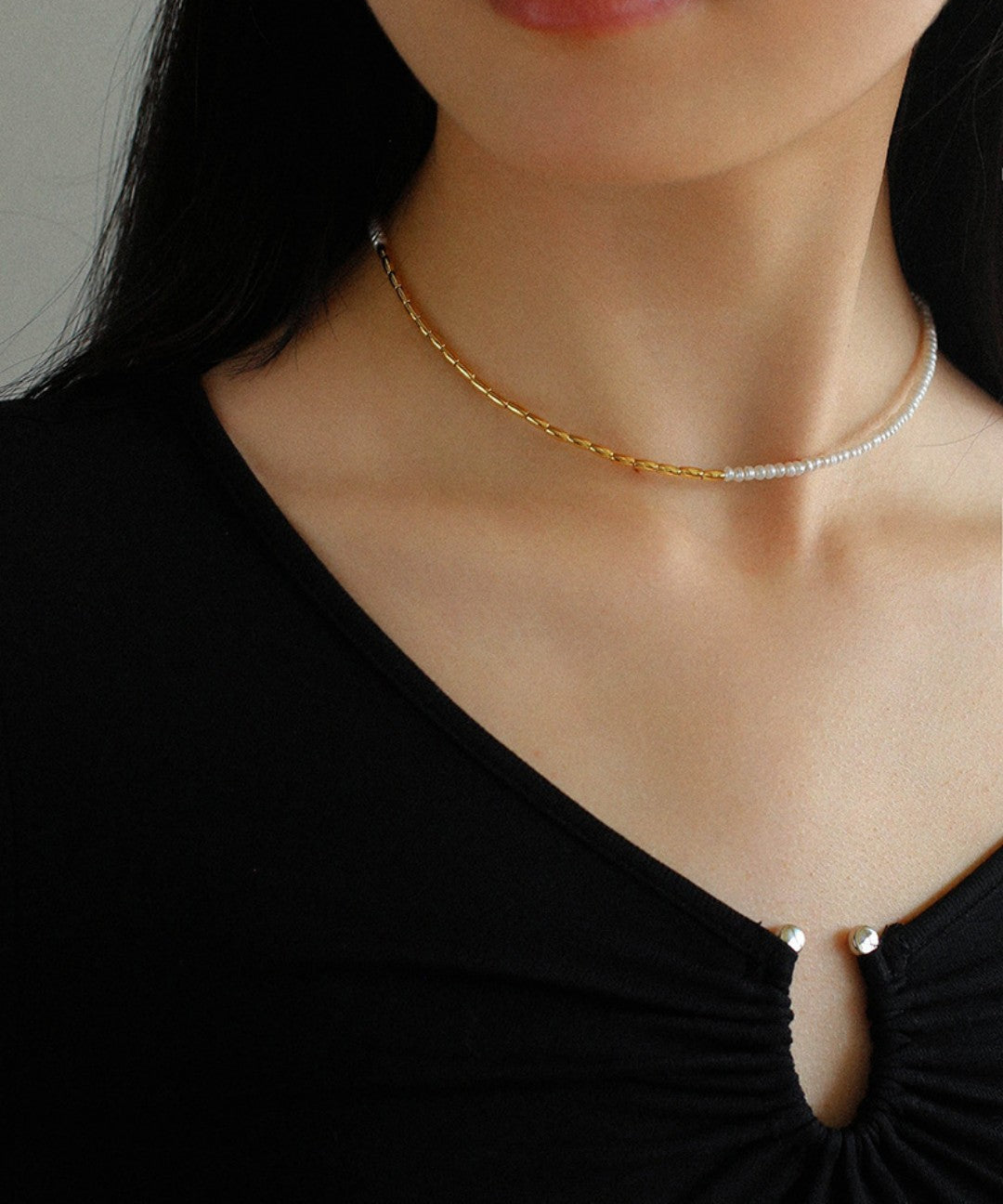 Mini Golden Rice Pearl Beaded Choker Necklace gembea jewelry