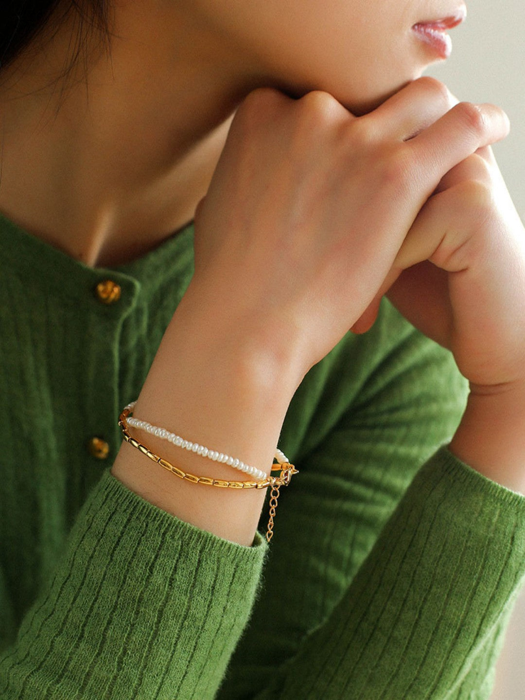 Mini Golden Rice Pearl Doubel Beaded Bracelet gembea jewelry