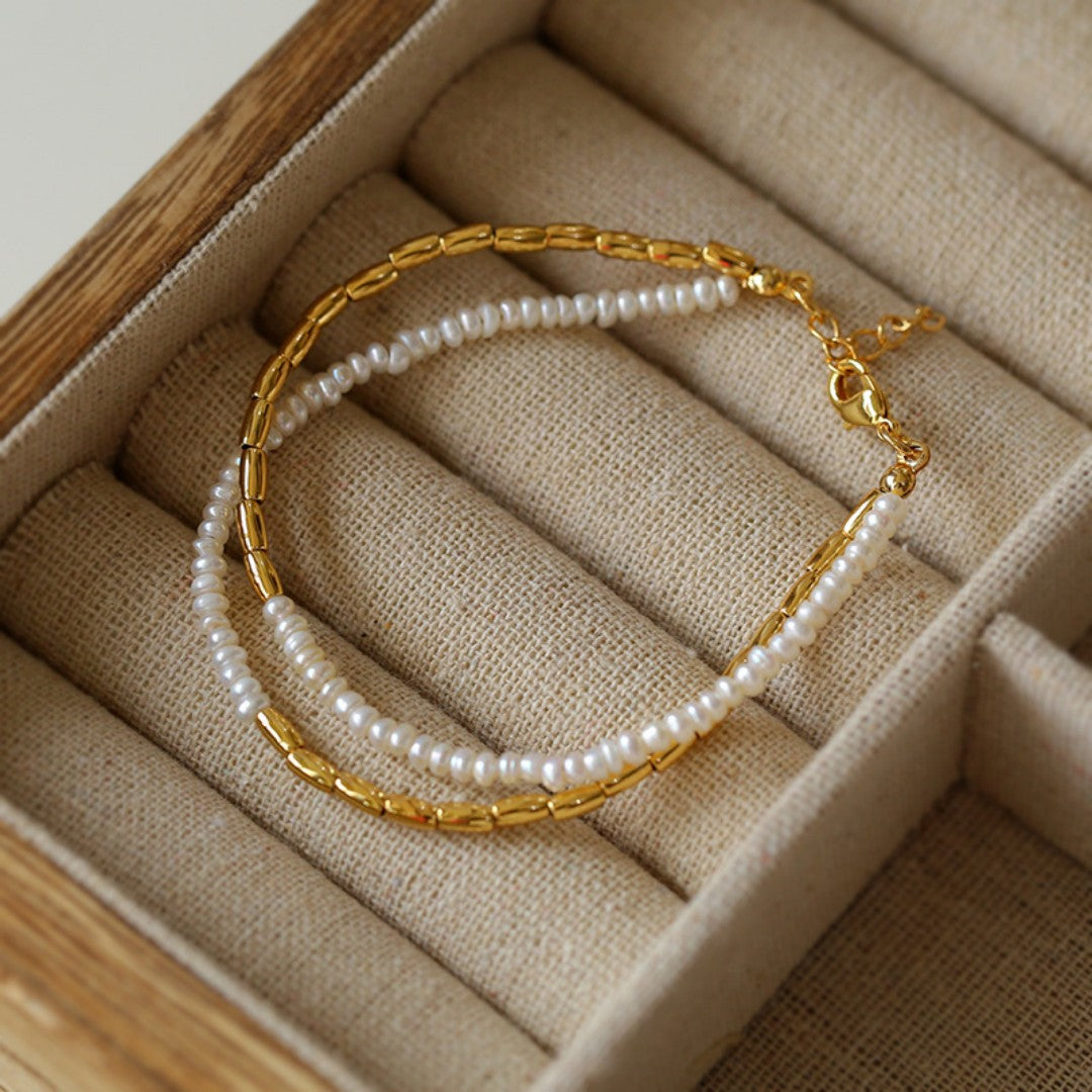 Mini Golden Rice Pearl Doubel Beaded Bracelet gembea jewelry