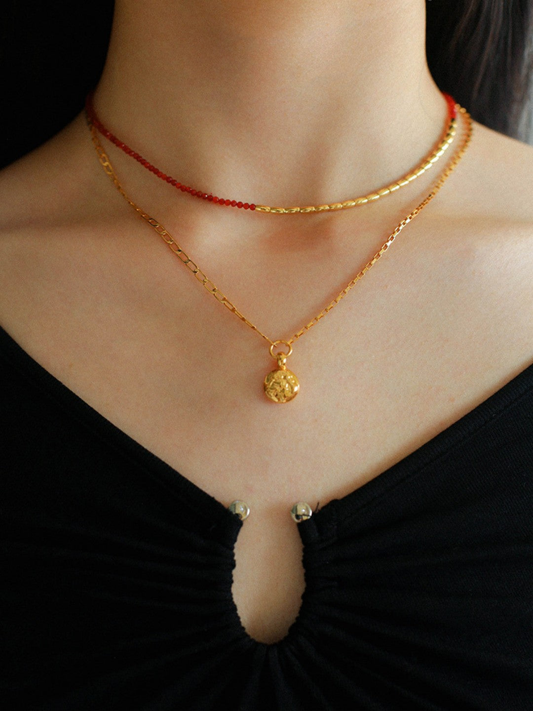 Mini Golden Rice Red Spinel Beaded Choker Necklace gembea jewelry