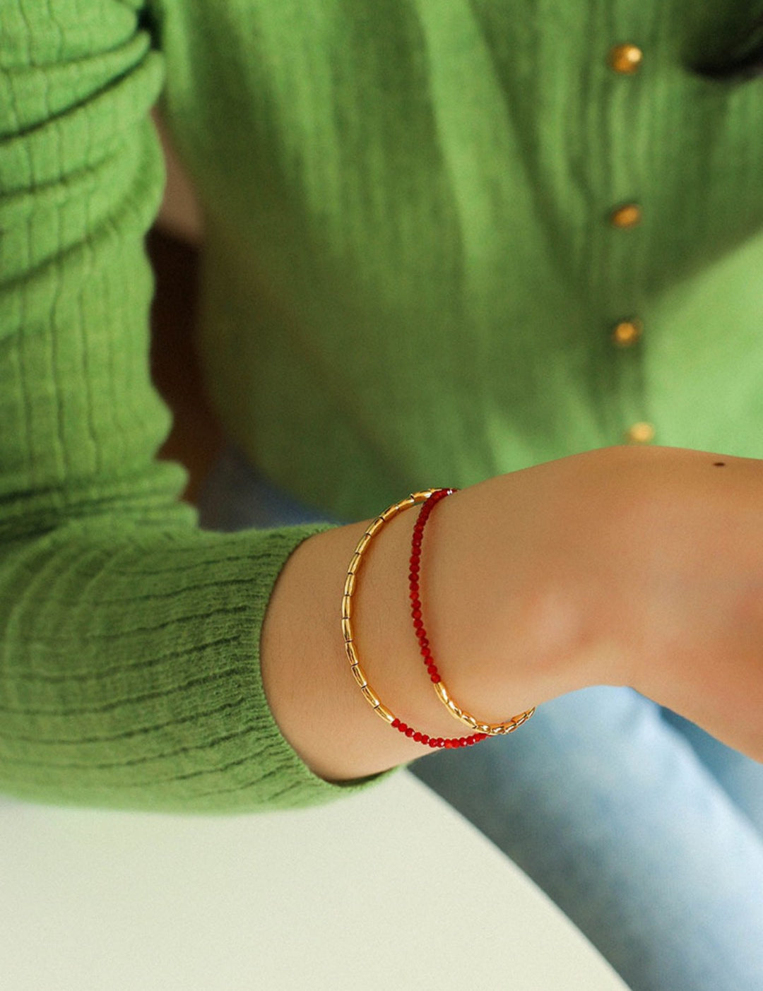 Mini Golden Rice Red Spinel Double Beaded Bracelet gembea jewelry