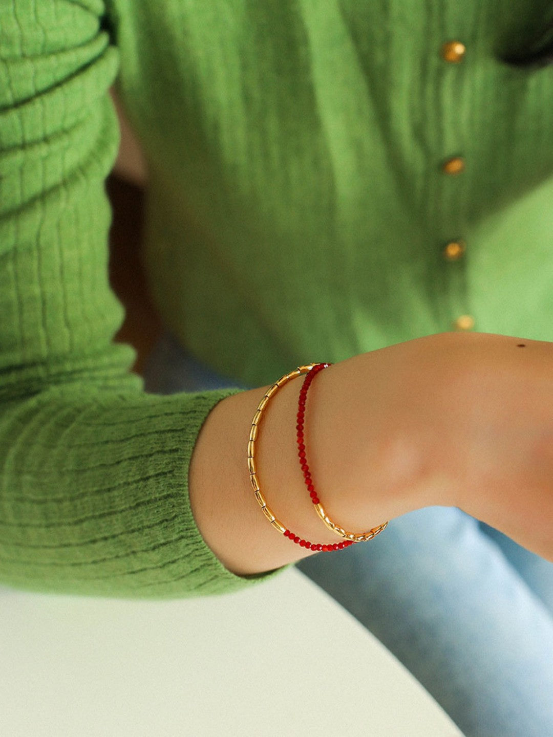 Mini Golden Rice Red Spinel Double Beaded Bracelet gembea jewelry