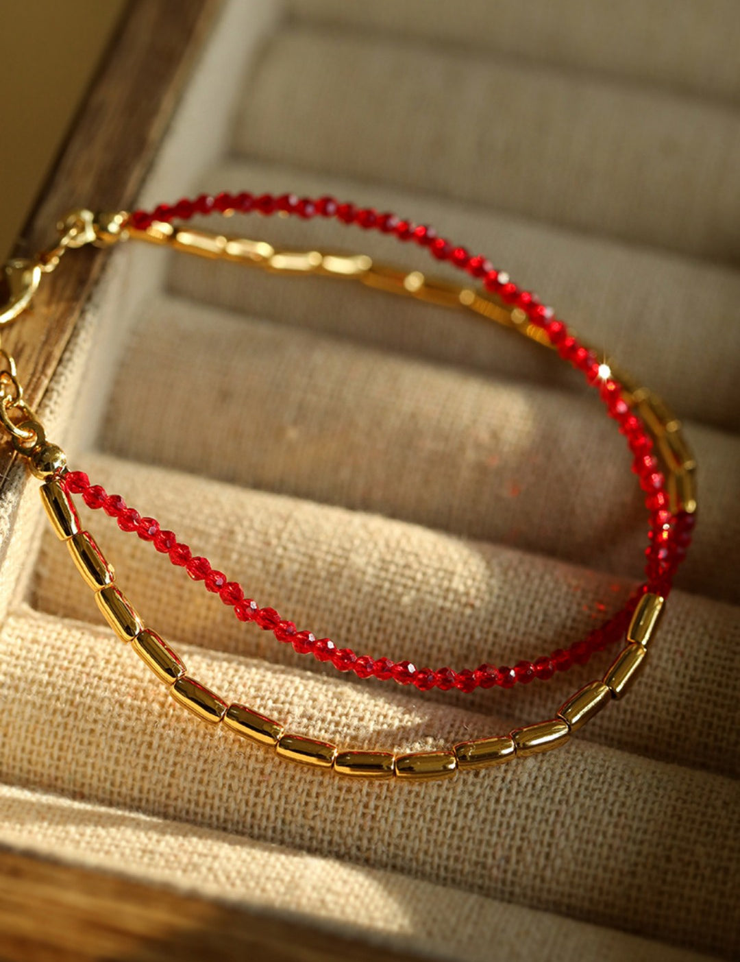 Mini Golden Rice Red Spinel Double Beaded Bracelet gembea jewelry