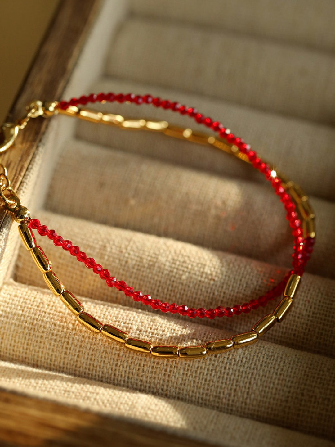 Mini Golden Rice Red Spinel Double Beaded Bracelet gembea jewelry