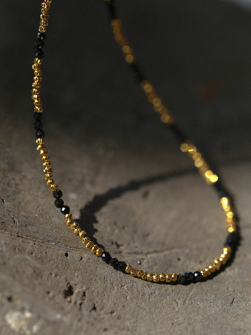 Mini Black Crystal Golden Bean Beaded Necklace gembea jewelry