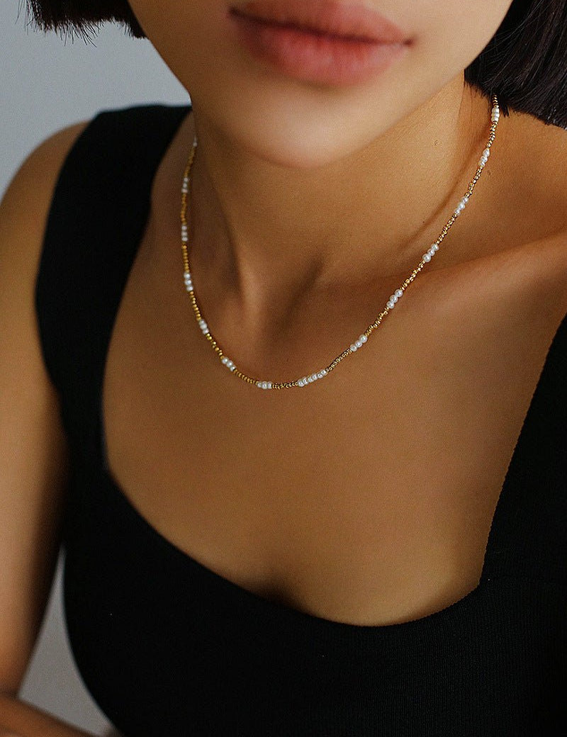 Mini Freshwater Pearl Golden Bean Beaded Necklace Gembea jewelry