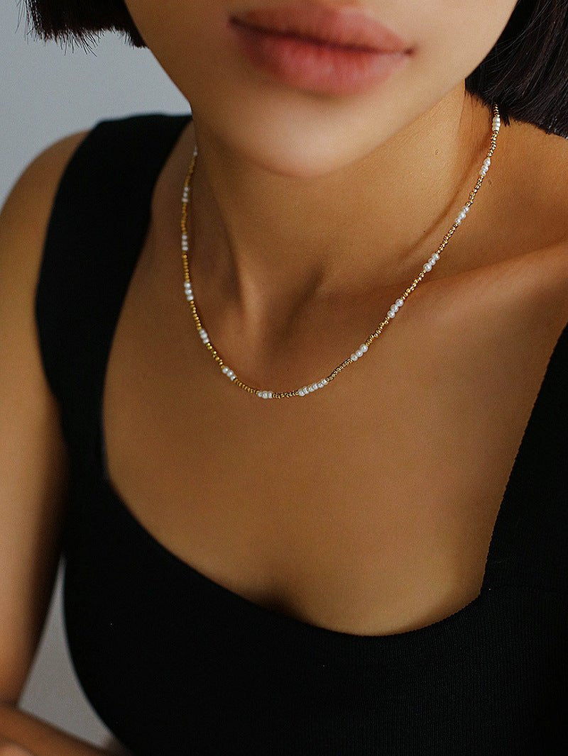 Mini Freshwater Pearl Golden Bean Beaded Necklace Gembea jewelry