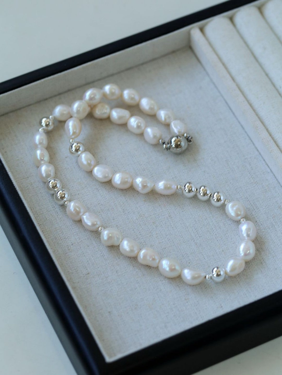 Minimalist Metallic Silver Bean Pearl Necklace gembea jewelry
