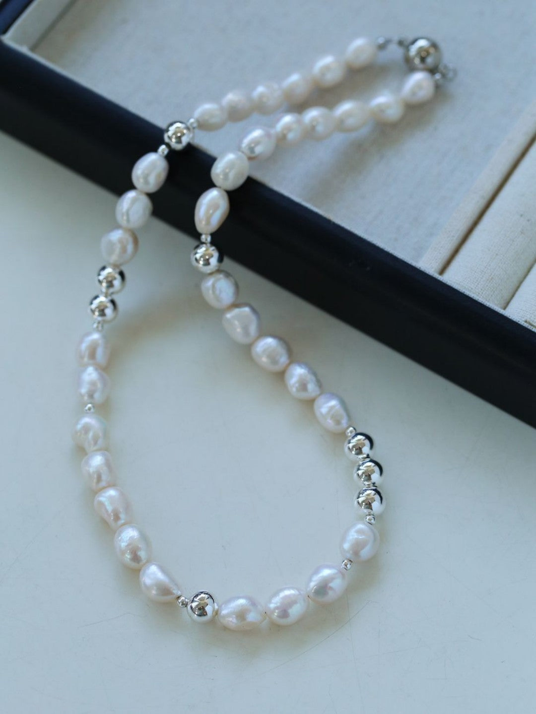 Minimalist Metallic Silver Bean Pearl Necklace gembea jewelry