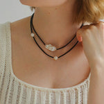 Minimalist Baroque Pearl Black Agate Beaded Necklace-Gembea Jewelry