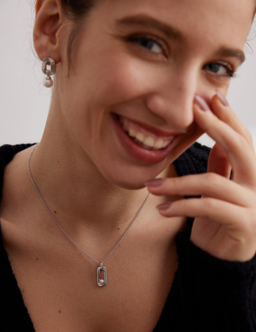 Minimalist Elliptic Line Sterling Silver Pearl Stud Earrings - Gembea Jewelry