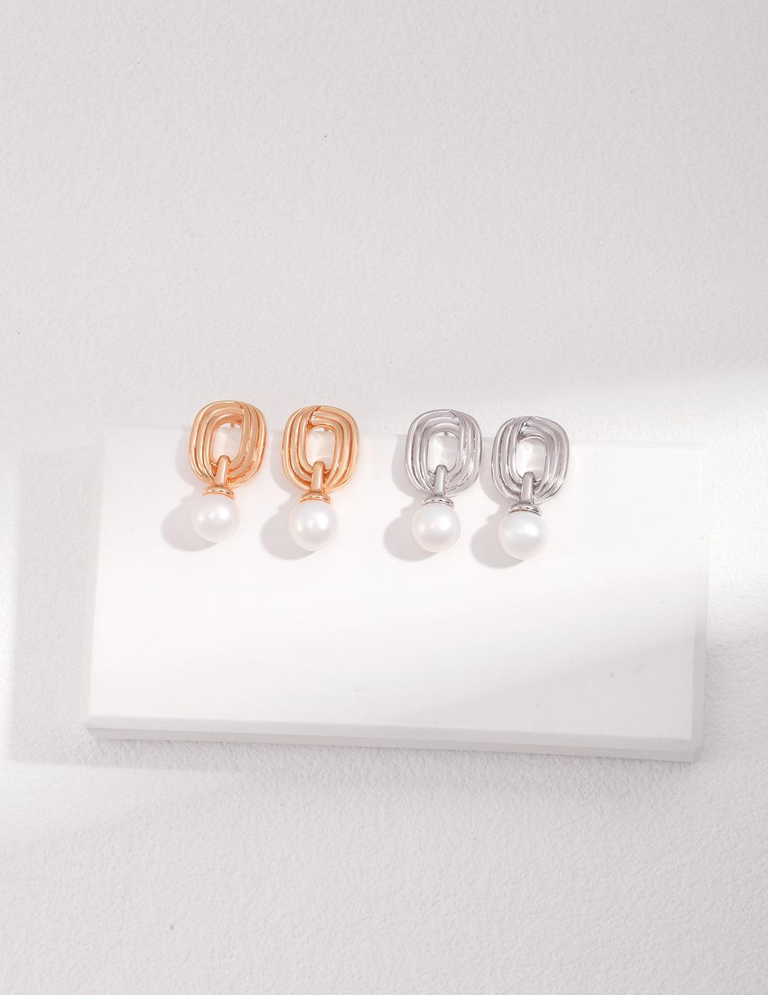 Minimalist Elliptic Line Sterling Silver Pearl Stud Earrings - Gembea Jewelry