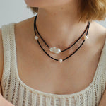 Minimalist Freshwater Pearl Black Agate Beaded Necklace-Gembea Jewelry 
