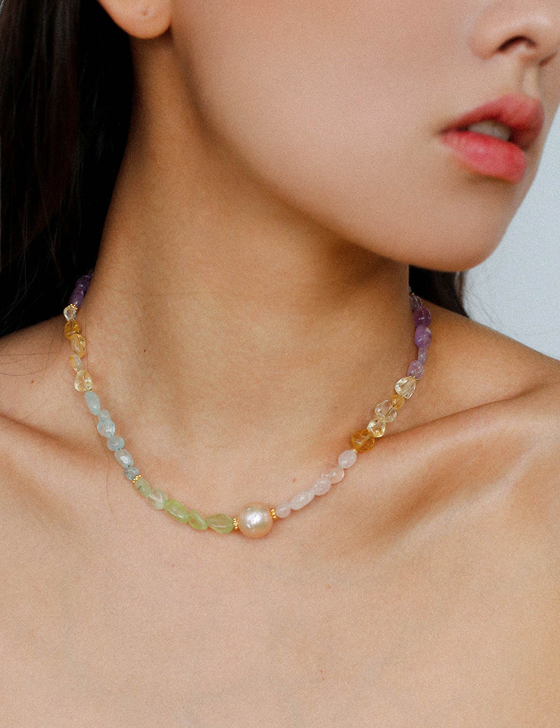 Mixed Gemstone Baroque Pearl Beaded Necklace gembea jewelry
