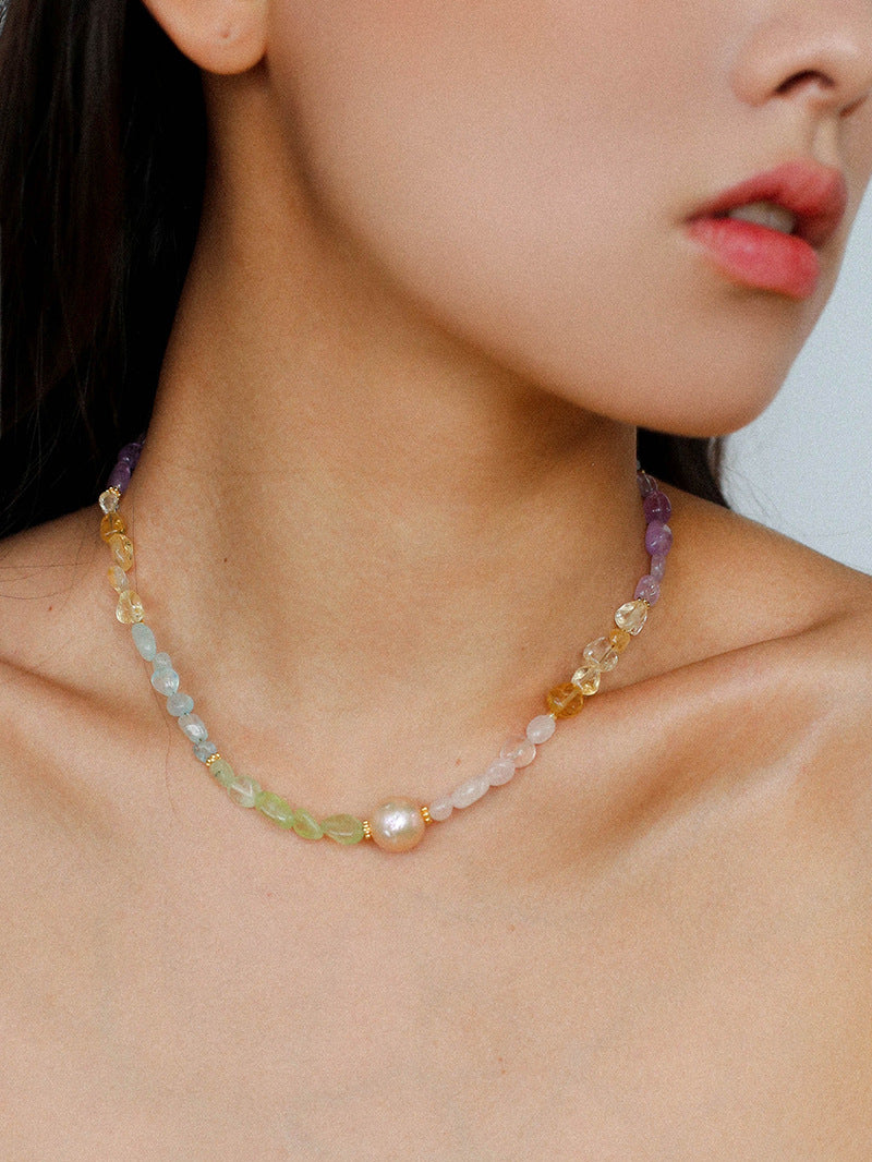 Mixed Gemstone Baroque Pearl Beaded Necklace gembea jewelry