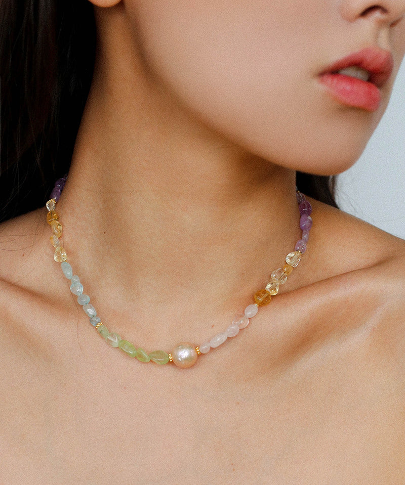 Mixed Gemstone Baroque Pearl Beaded Necklace gembea jewelry