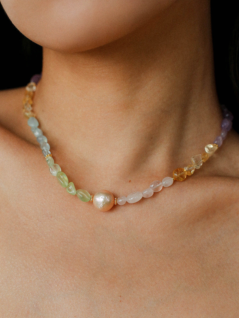 Mixed Gemstone Baroque Pearl Beaded Necklace gembea jewelry