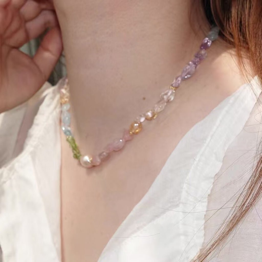 Mixed Gemstone Baroque Pearl Beaded Necklace  gembea jewelry