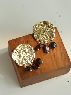 Molten Textured Metal Garnet Moss Agate Earrings gembea jewelry