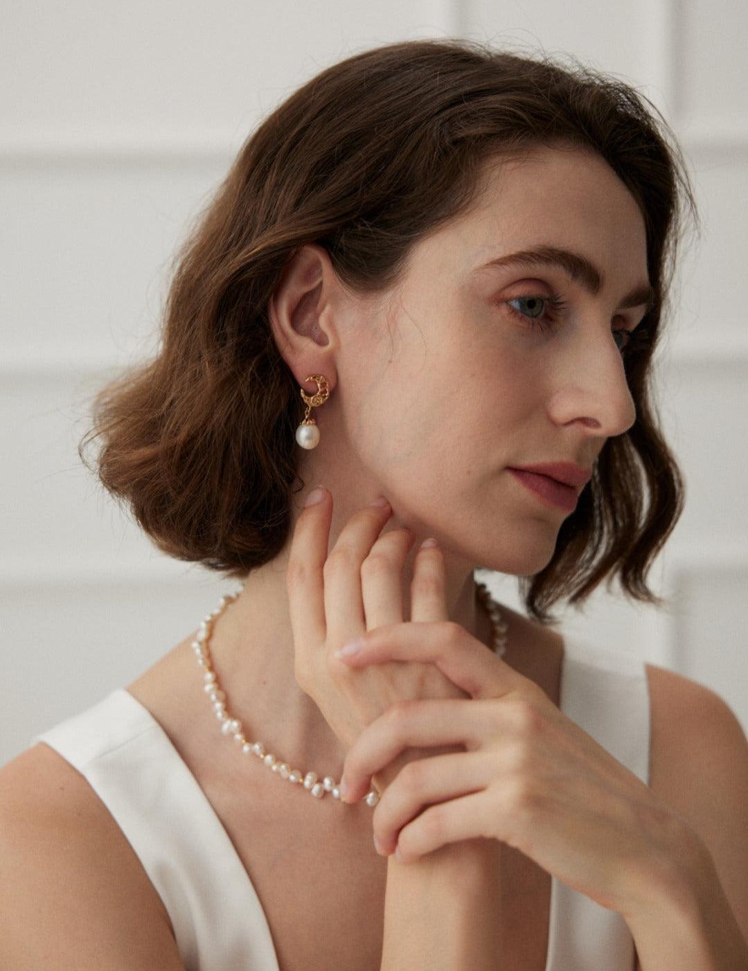 Moon Shaped Pearl Drop Earrings Gembea - Gembea Jewelry