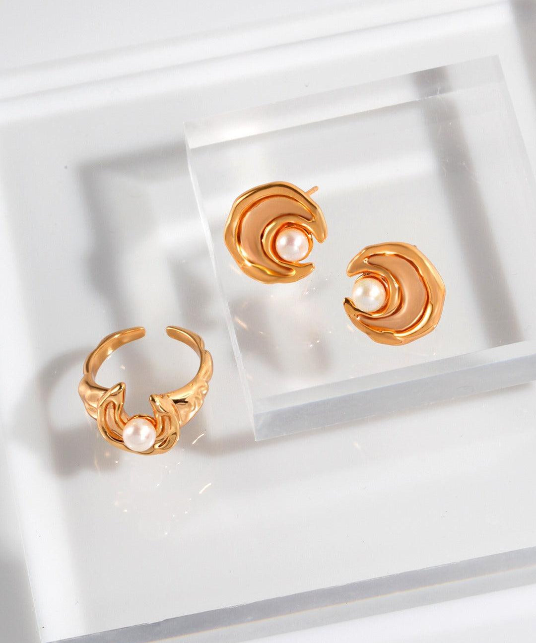 Moon shape Freshwater Pearl Open Ring - Gembea Jewelry