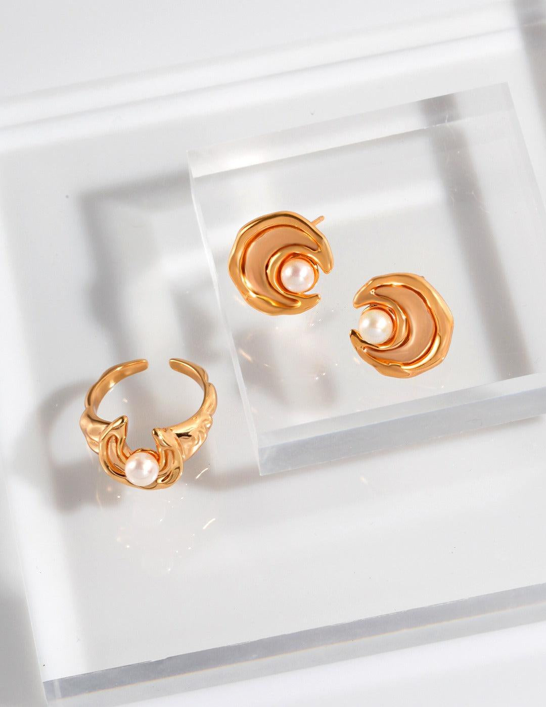 Moon shape Freshwater Pearl Open Ring - Gembea Jewelry