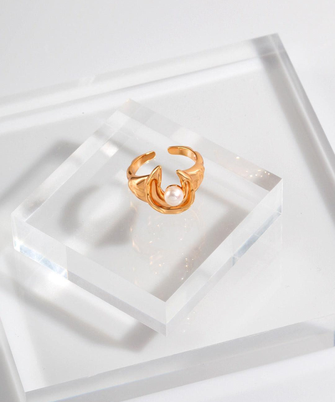 Moon shape Freshwater Pearl Open Ring - Gembea Jewelry