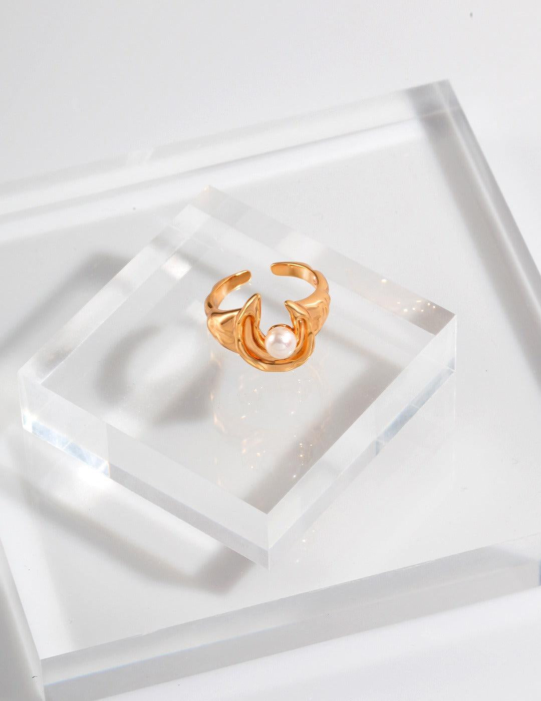 Moon shape Freshwater Pearl Open Ring - Gembea Jewelry