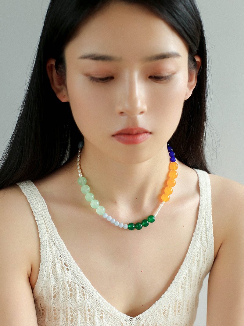 Multicolored Gemstone Pearl Beaded Necklace gembea jewelry