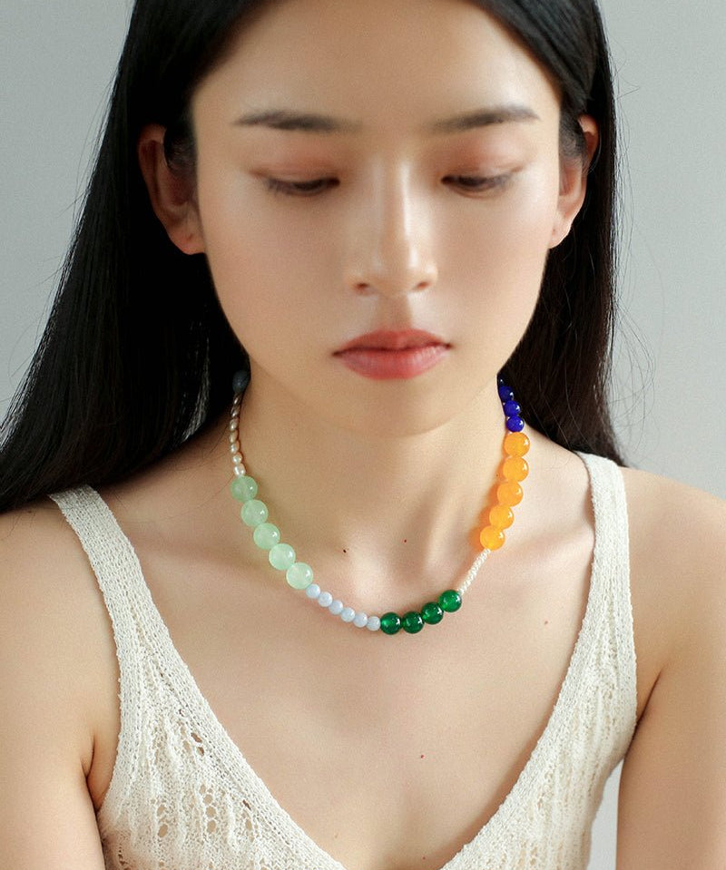 Multicolored Gemstone Pearl Beaded Necklace gembea jewelry
