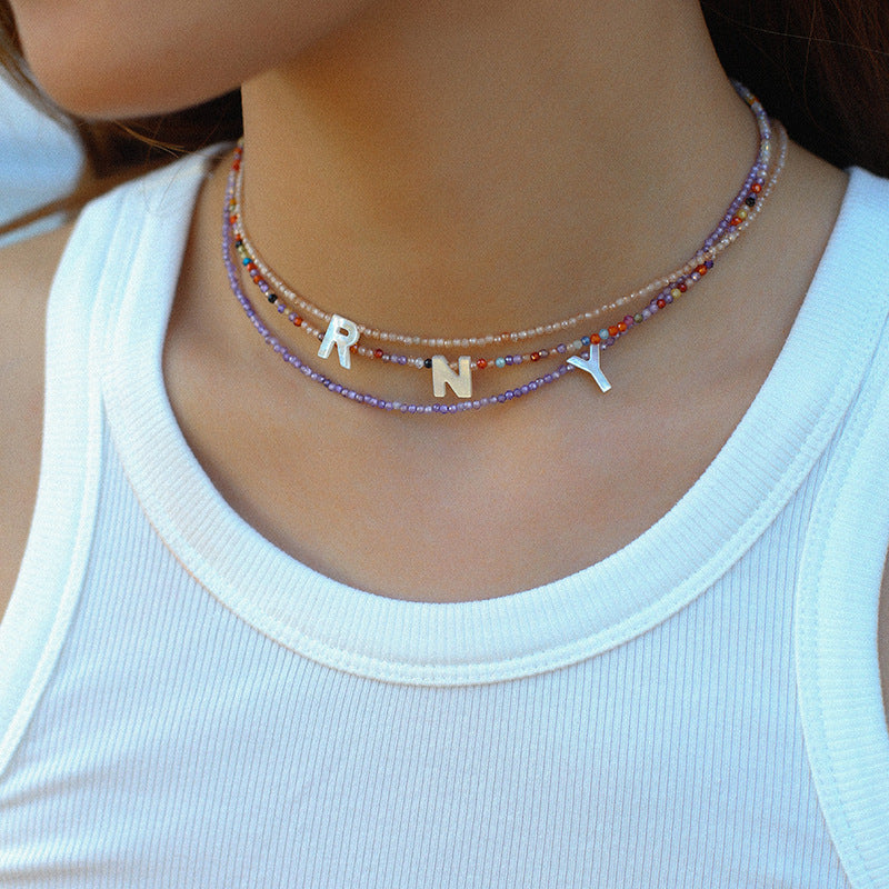 Multicolored Zircon Beaded Letter Name Necklace-Gembea jewelry