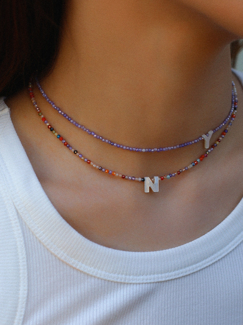 Multicolored Zircon Beaded Letter Name Necklace-Gembea jewelry