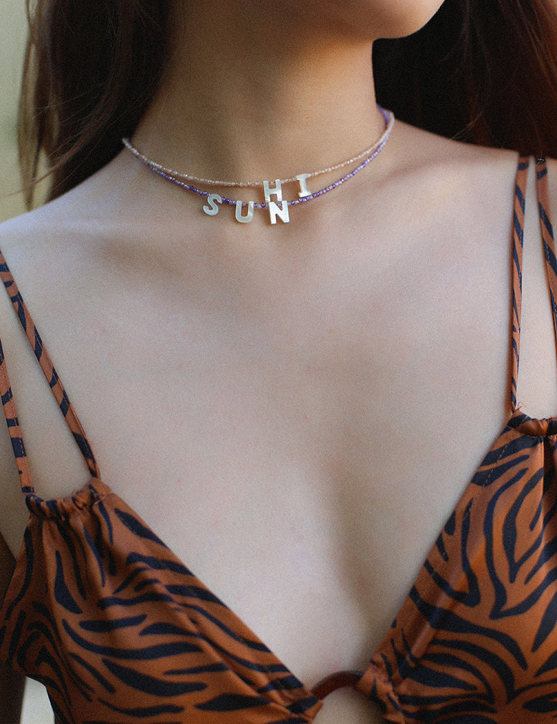 Multicolored Zircon Beaded Letter Name Necklace-Gembea Jewelry