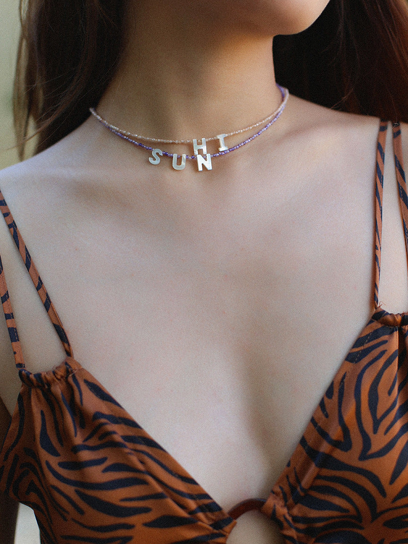 Multicolored Zircon Beaded Letter Name Necklace-Gembea Jewelry