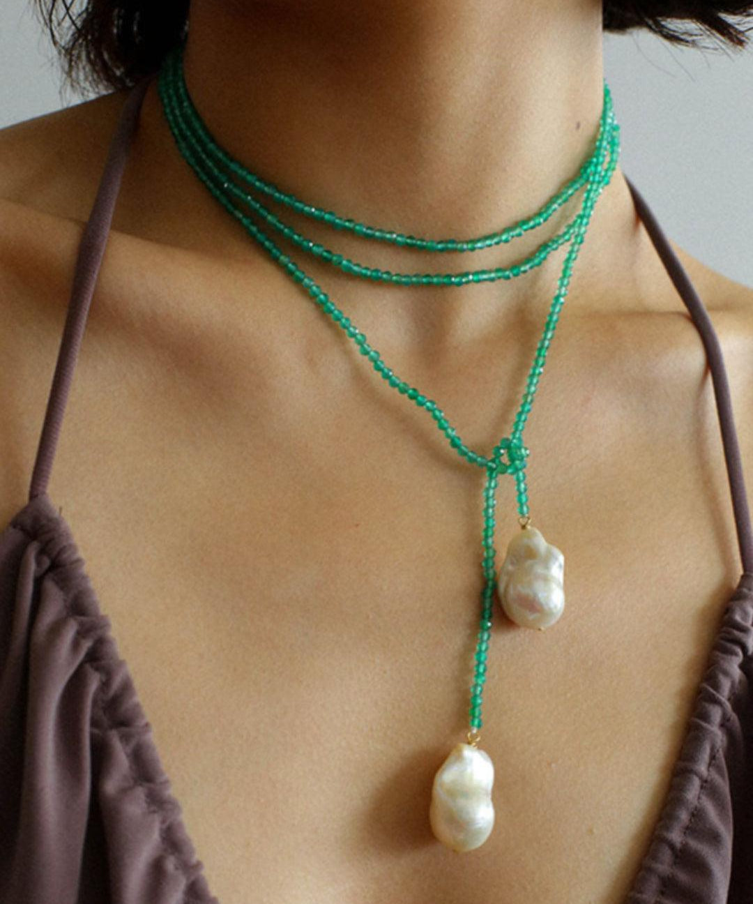 Natural Baroque Pearl Green Agate Beaded Necklace - Gembea Jewelry