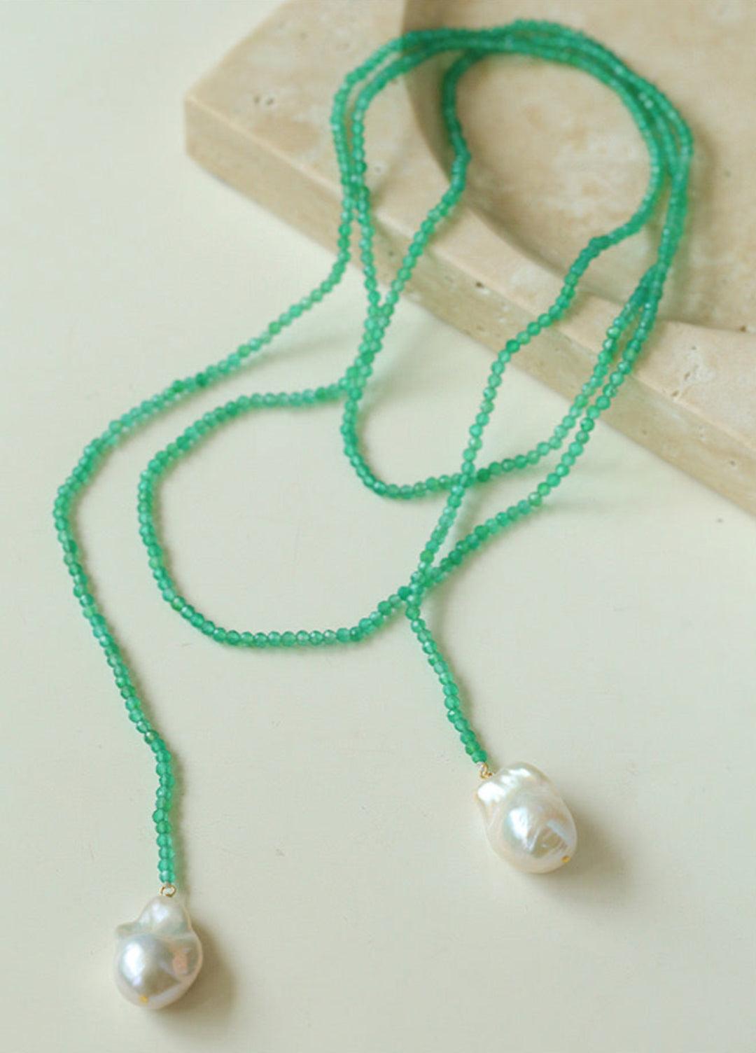 Natural Baroque Pearl Green Agate Beaded Necklace - Gembea Jewelry