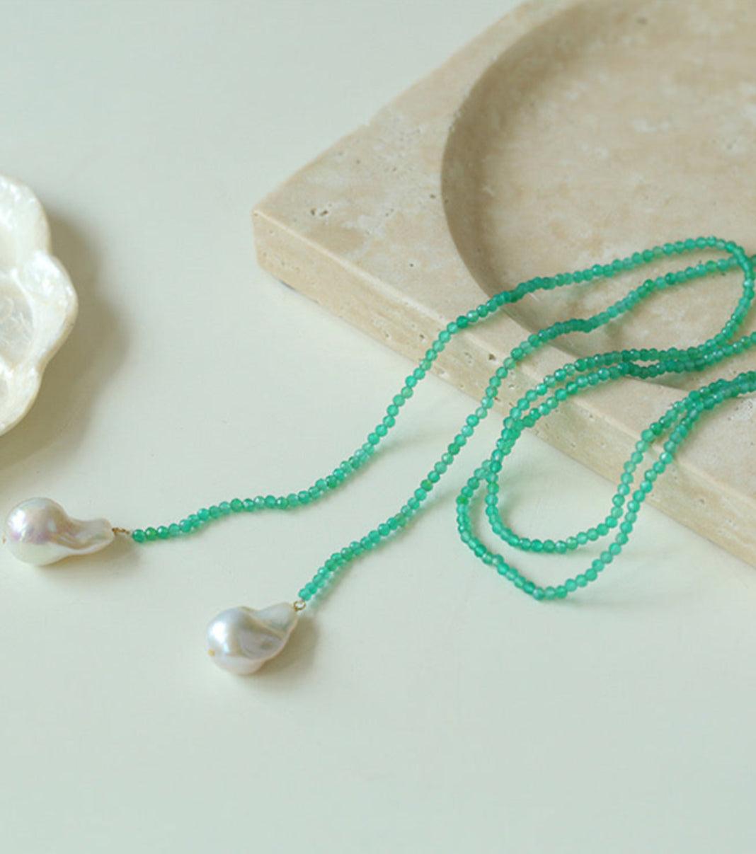 Natural Baroque Pearl Green Agate Beaded Necklace - Gembea Jewelry