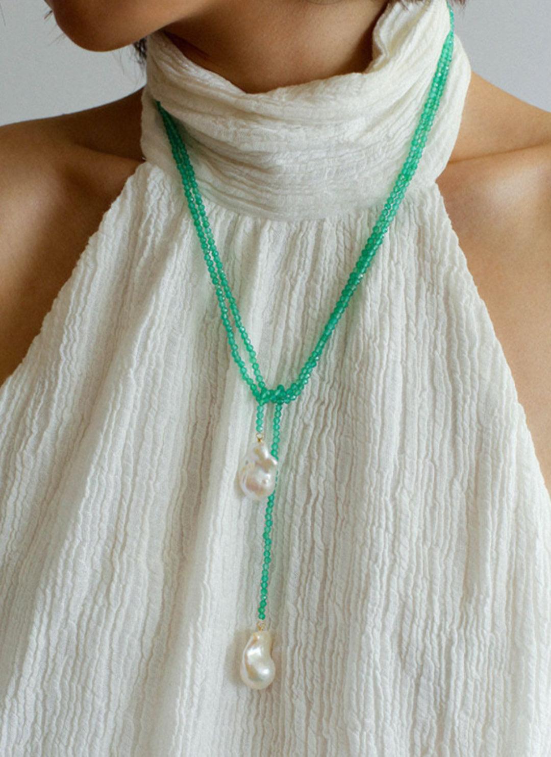 Natural Baroque Pearl Green Agate Beaded Necklace - Gembea Jewelry