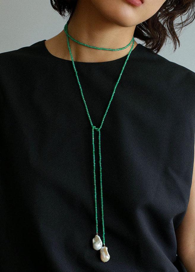 Natural Baroque Pearl Green Agate Beaded Necklace - Gembea Jewelry