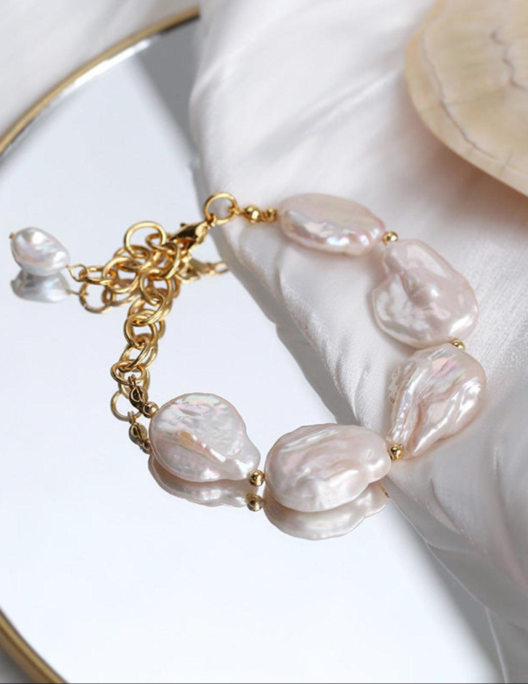 Natural Baroque Shaped Flat Pearl Bracelet - Gembea Jewelry