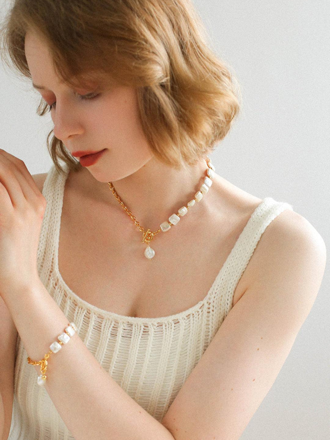 Natural Freshwater Square Pearl Chain Bracelet - Gembea Jewelry