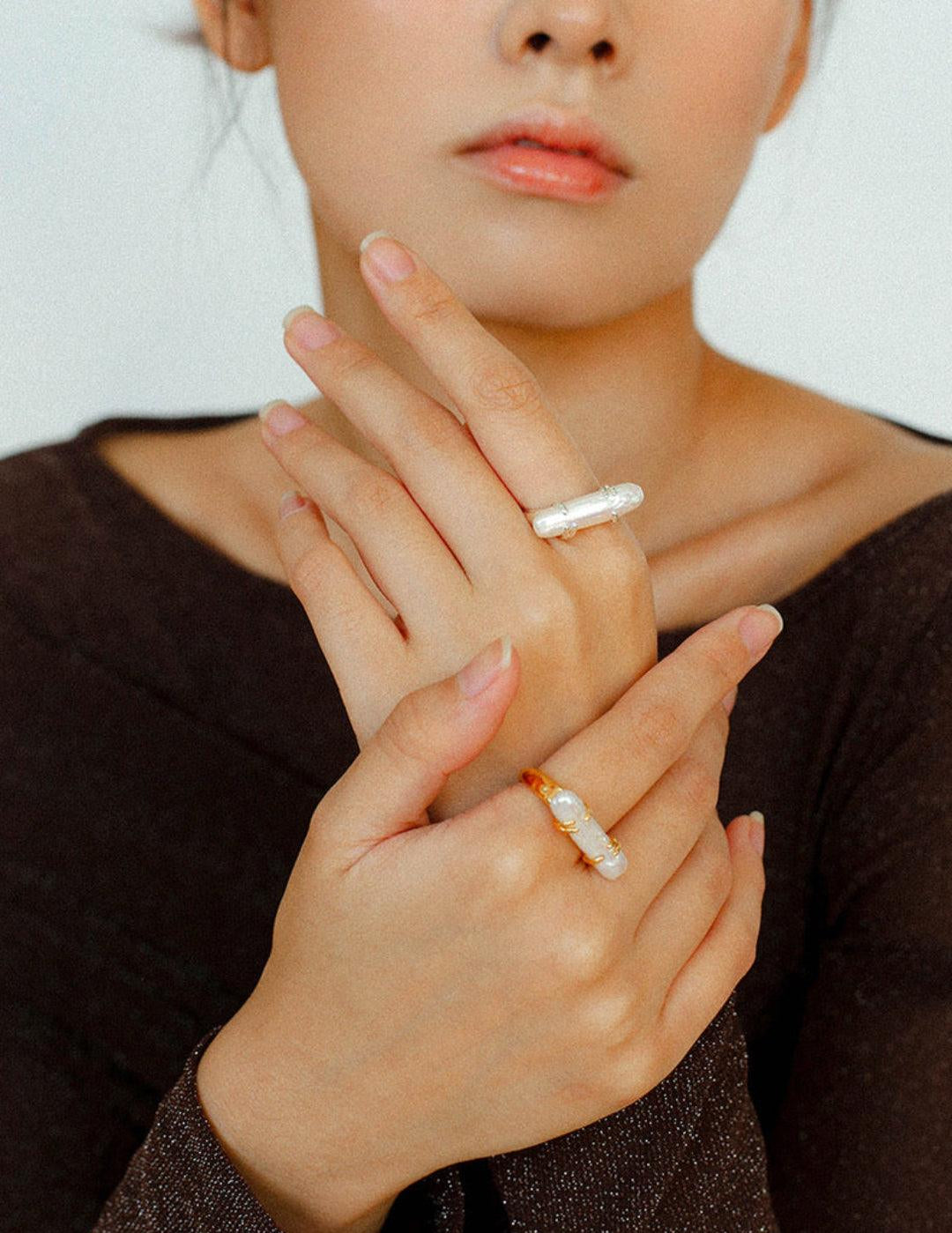 Natural Long Baroque Pearl Open Ring - Gembea Jewelry